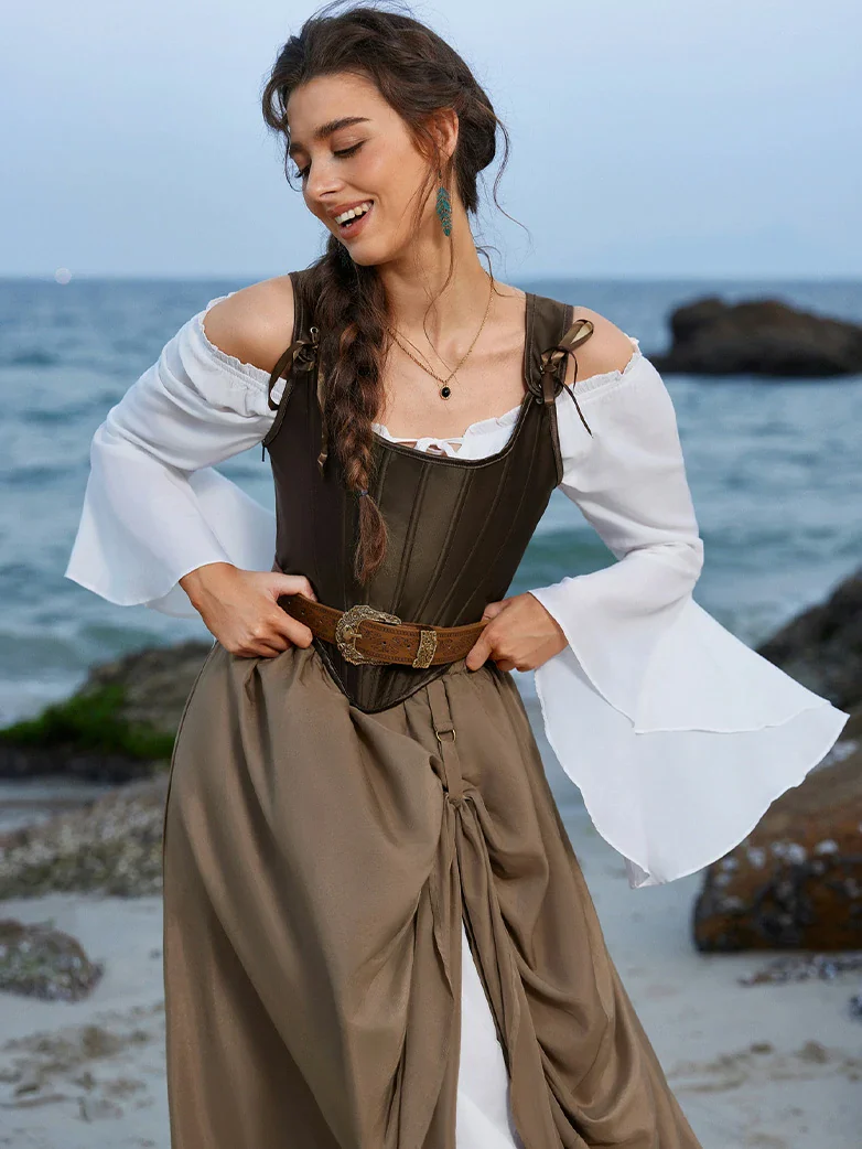 Renaissance Elastic Waist Double-Layer Lace Hem Long Skirts - Image 4