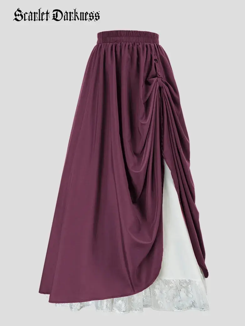 Renaissance Elastic Waist Double-Layer Lace Hem Long Skirts - Image 41