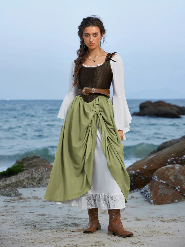 Renaissance Elastic Waist Double-Layer Lace Hem Long Skirts - Image 42