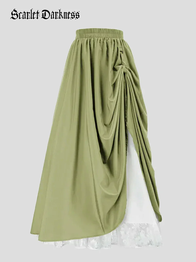 Renaissance Elastic Waist Double-Layer Lace Hem Long Skirts - Image 43