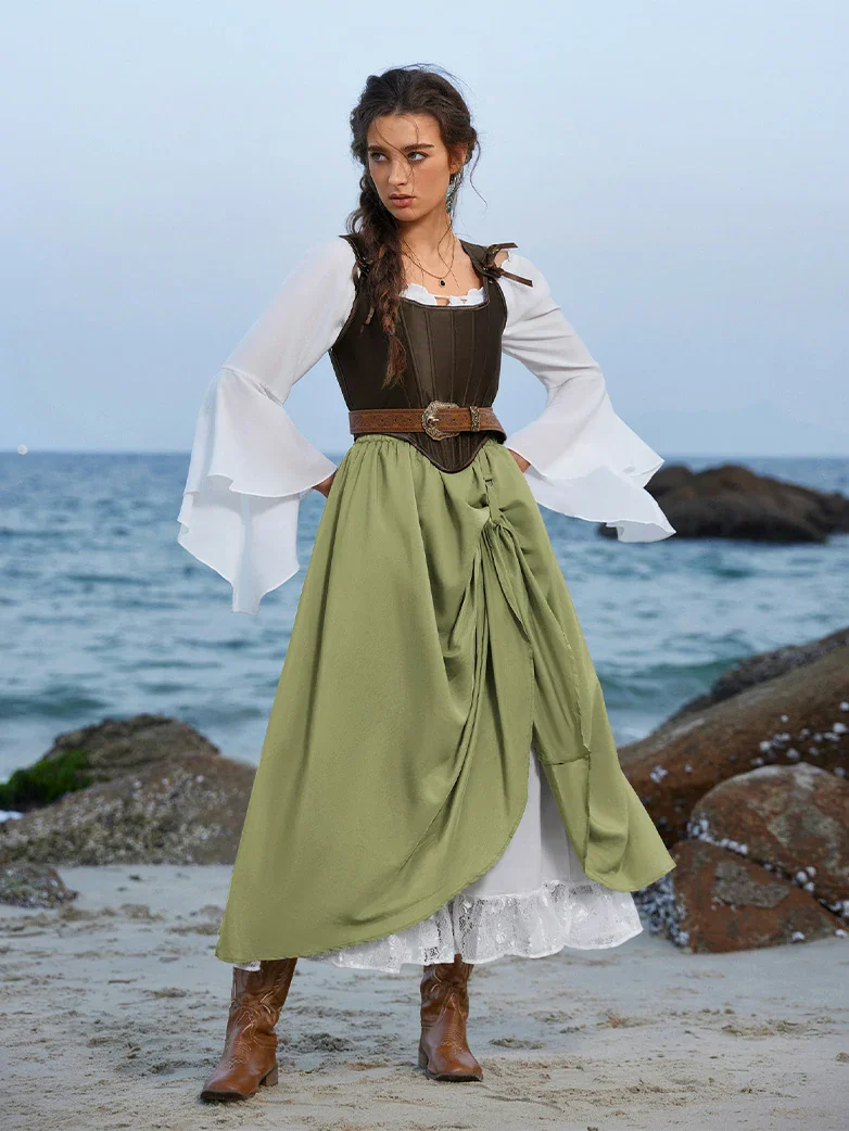 Renaissance Elastic Waist Double-Layer Lace Hem Long Skirts - Image 44