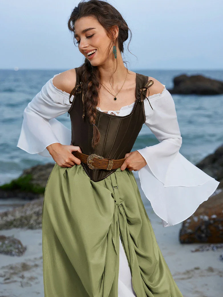 Renaissance Elastic Waist Double-Layer Lace Hem Long Skirts - Image 45