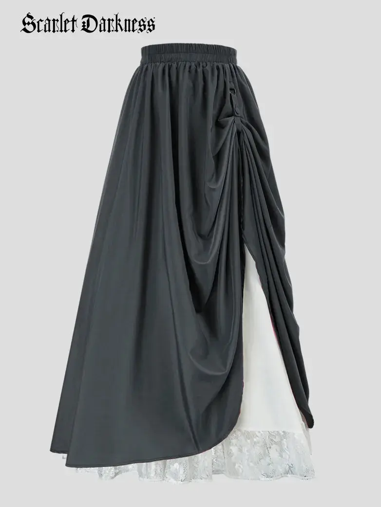 Renaissance Elastic Waist Double-Layer Lace Hem Long Skirts - Image 47