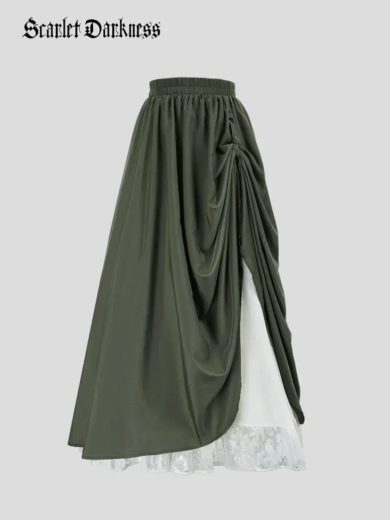 Renaissance Elastic Waist Double-Layer Lace Hem Long Skirts - Image 5