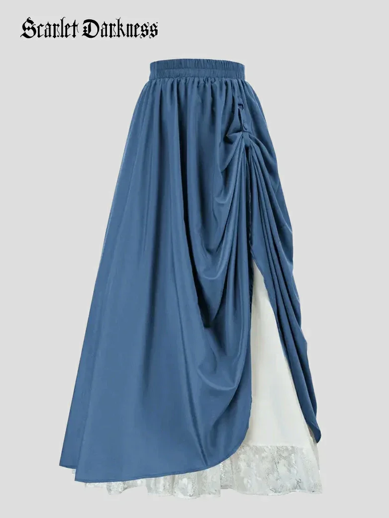 Renaissance Elastic Waist Double-Layer Lace Hem Long Skirts - Image 50