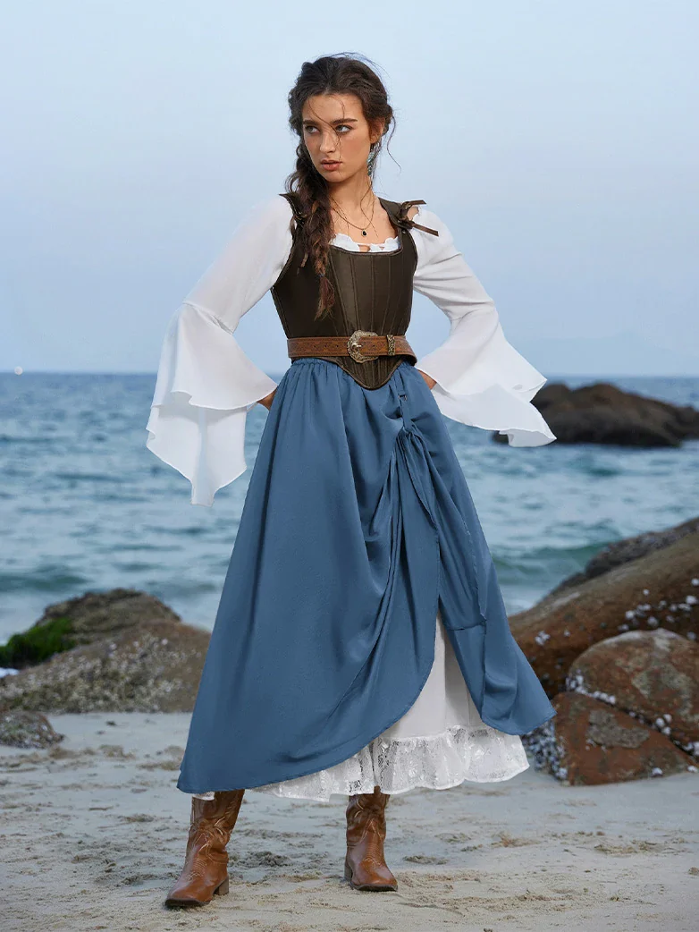 Renaissance Elastic Waist Double-Layer Lace Hem Long Skirts - Image 51