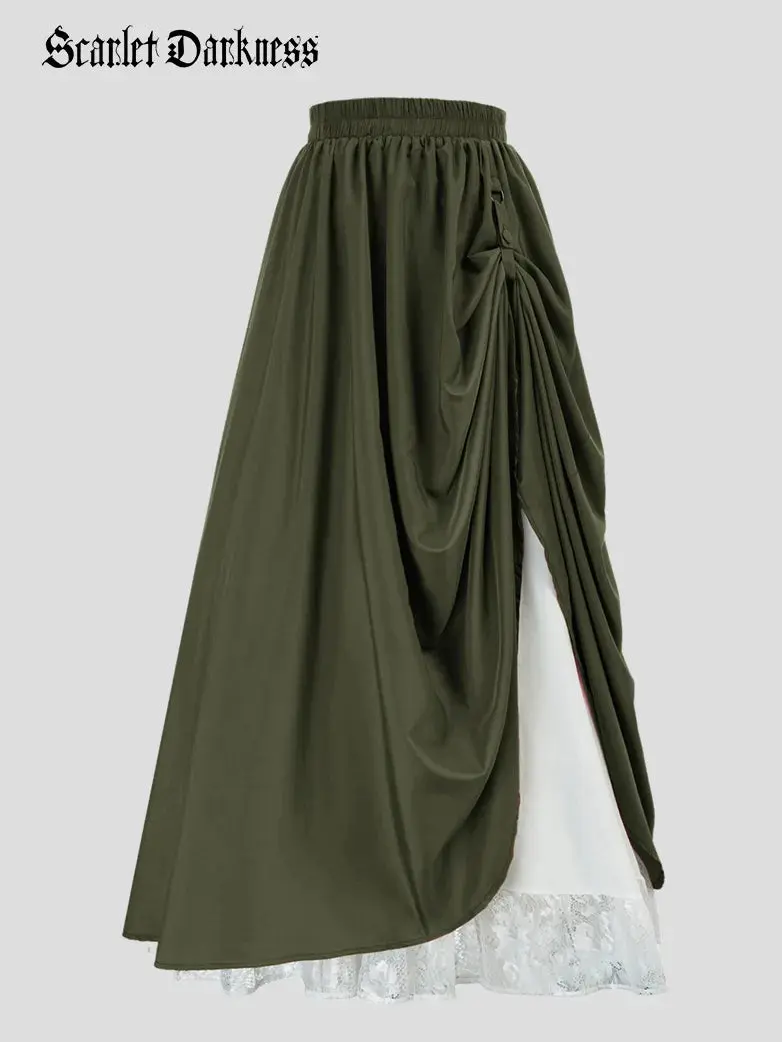 Renaissance Elastic Waist Double-Layer Lace Hem Long Skirts - Image 54