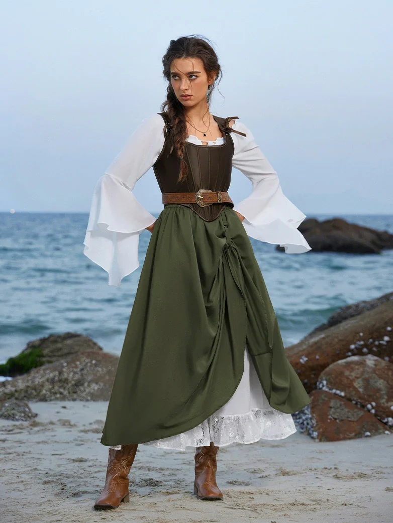 Renaissance Elastic Waist Double-Layer Lace Hem Long Skirts - Image 55