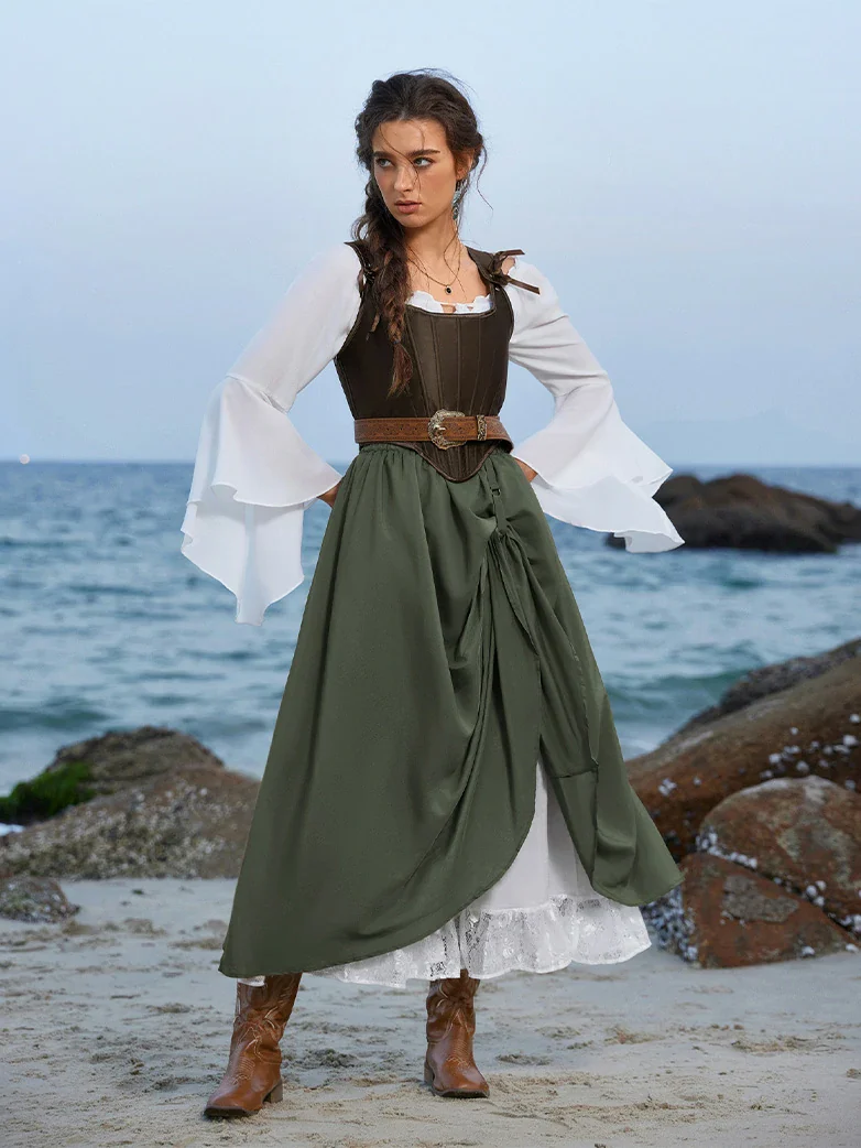 Renaissance Elastic Waist Double-Layer Lace Hem Long Skirts - Image 6