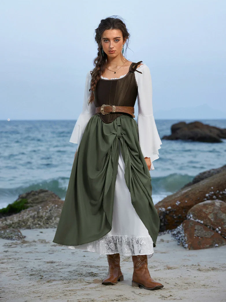 Renaissance Elastic Waist Double-Layer Lace Hem Long Skirts - Image 7