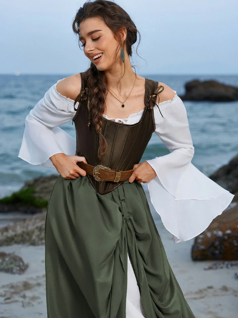 Renaissance Elastic Waist Double-Layer Lace Hem Long Skirts - Image 8