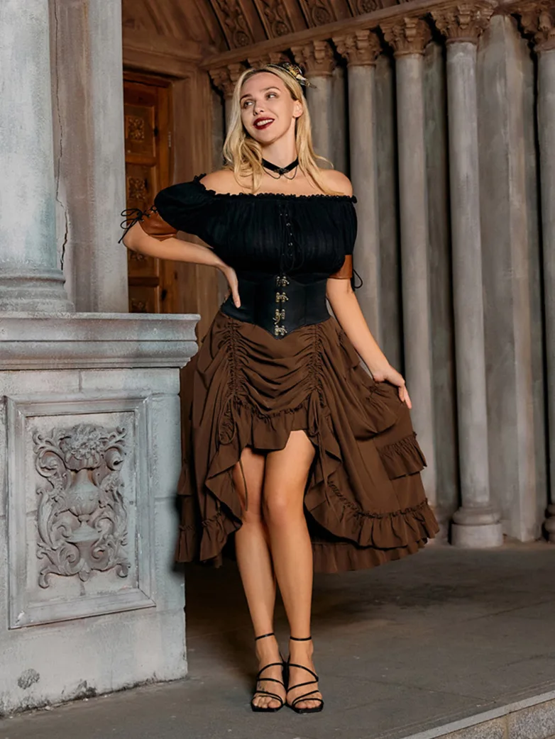 Length Adjustable Elastic Waist Ruffle Cake Maxi Skirt - Image 15