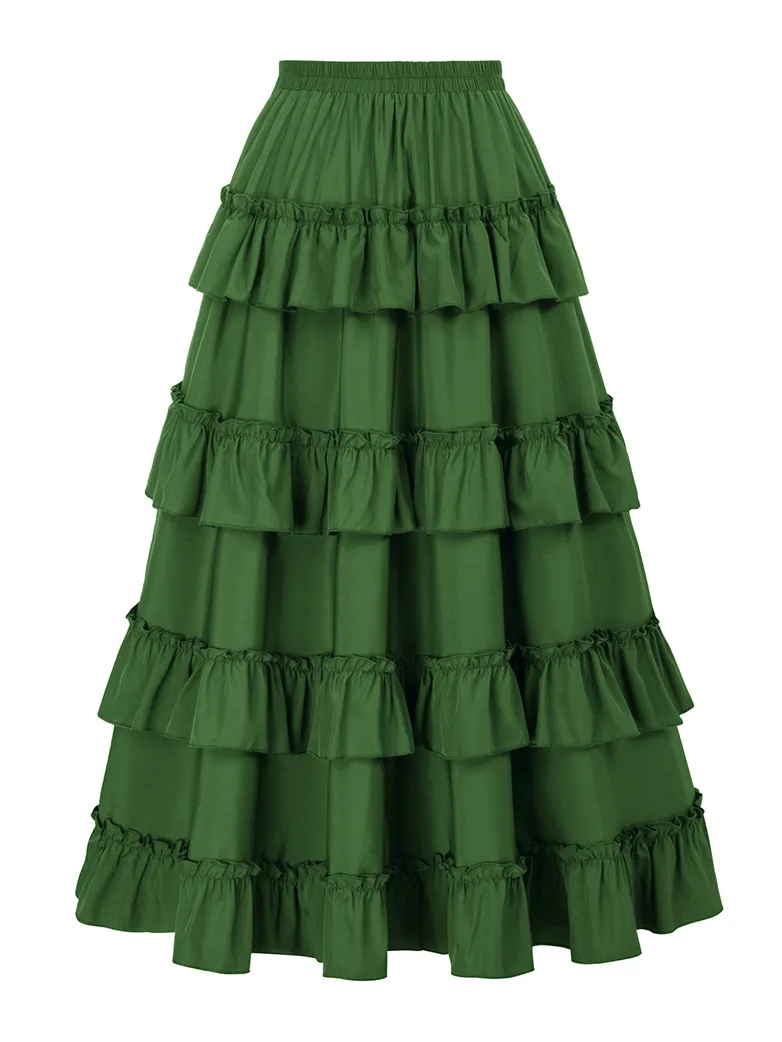Length Adjustable Elastic Waist Ruffle Cake Maxi Skirt - Image 26