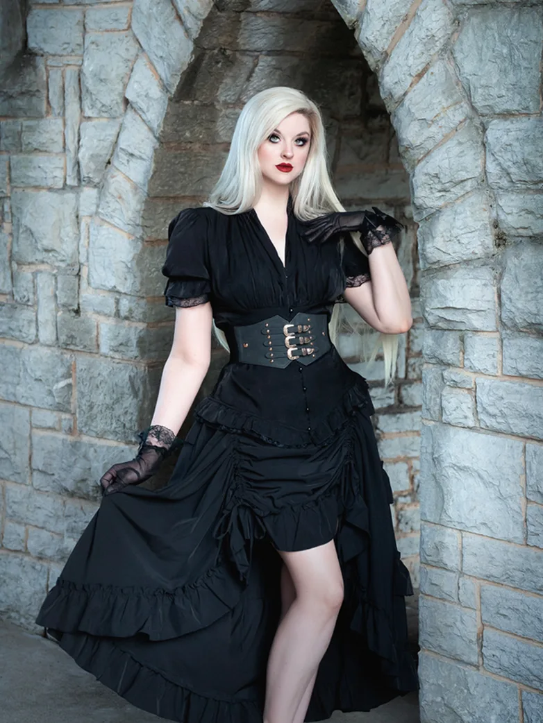 Length Adjustable Elastic Waist Ruffle Cake Maxi Skirt - Image 3