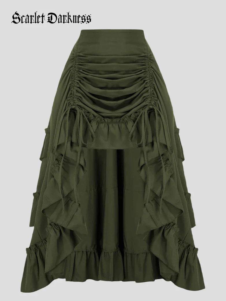 Length Adjustable Elastic Waist Ruffle Cake Maxi Skirt - Image 47