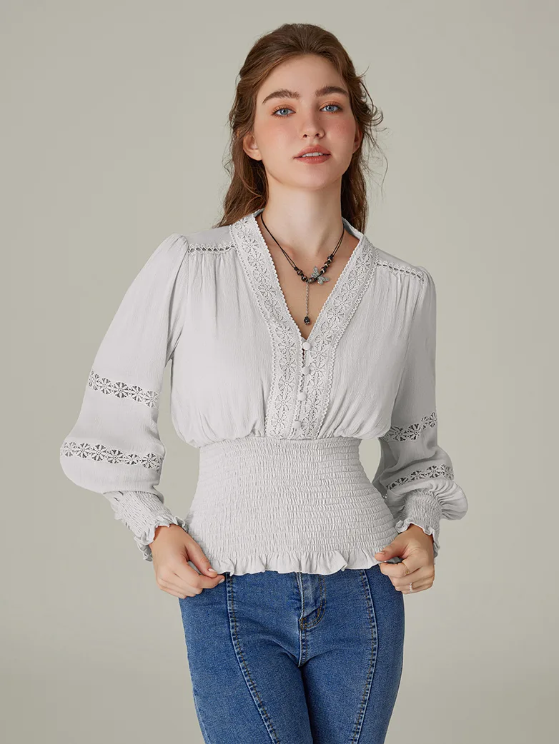 Smocked Waist Renaissance Cotton Peasant Tops - Image 14