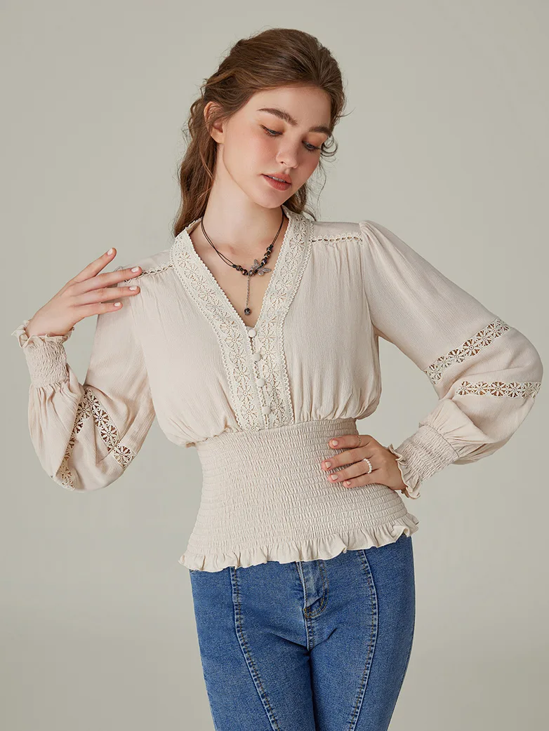 Smocked Waist Renaissance Cotton Peasant Tops - Image 21