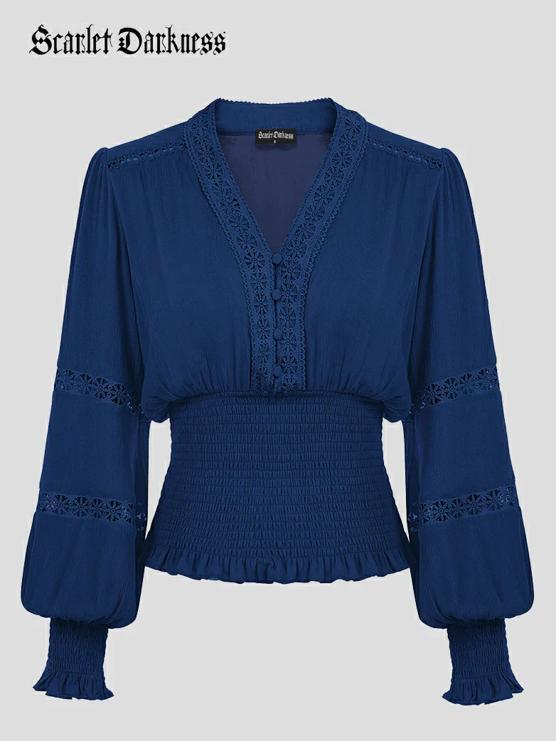 Smocked Waist Renaissance Cotton Peasant Tops - Image 41