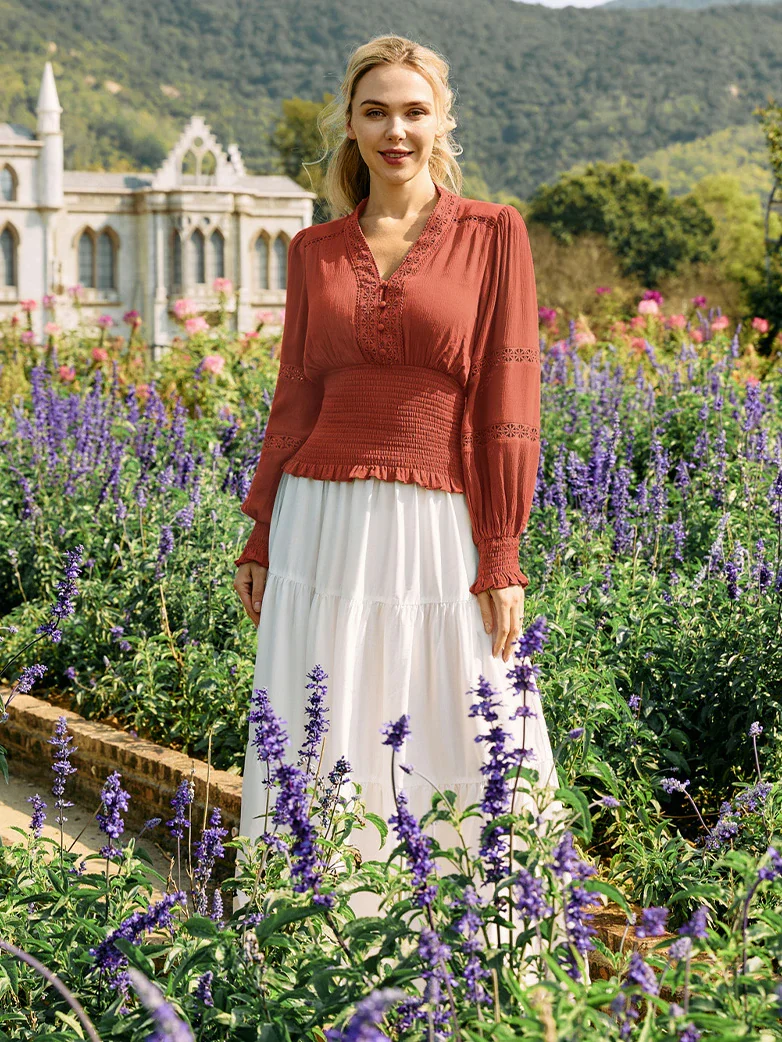 Smocked Waist Renaissance Cotton Peasant Tops - Image 49