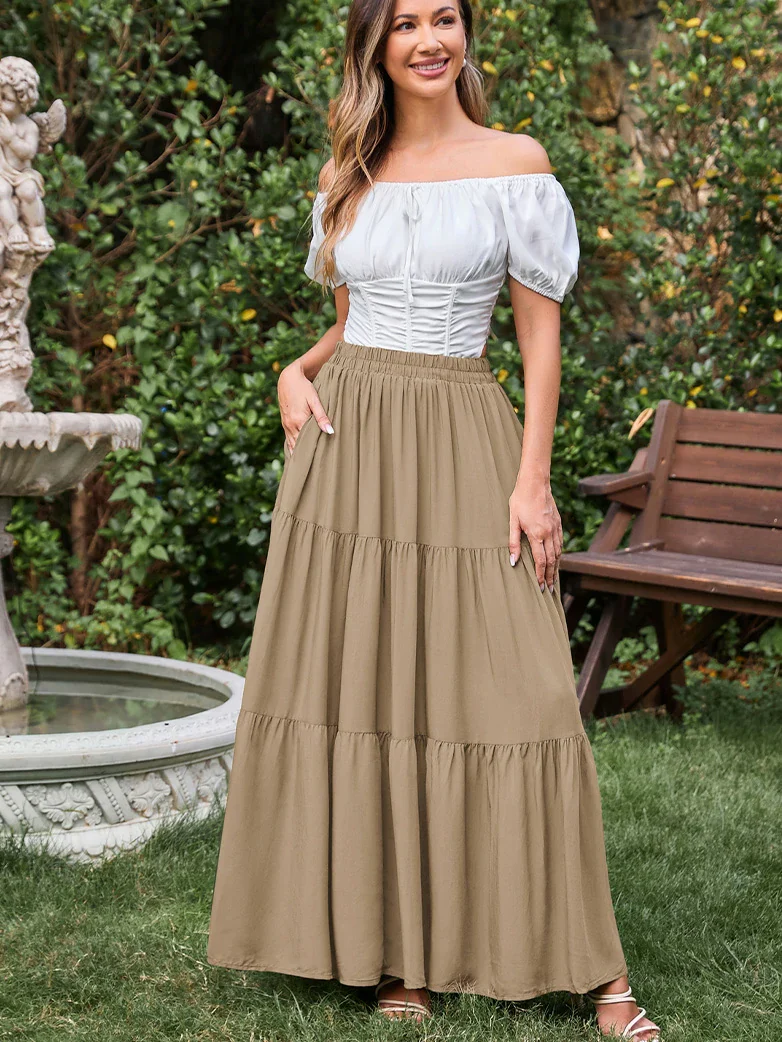 Renaissance Elastic Waist Swing Skirt with Pockets - Image 40