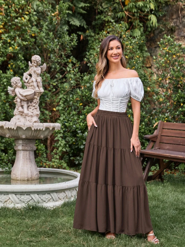 Renaissance Elastic Waist Swing Skirt with Pockets - Image 44