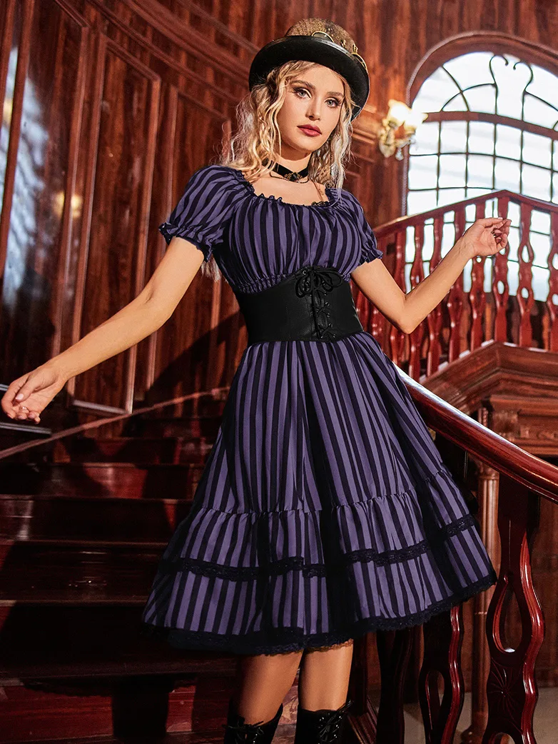Women Steampunk Elastic Waist Tiered Dress with Pocket - Image 11