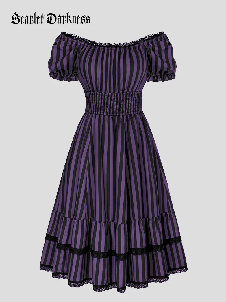 Women Steampunk Elastic Waist Tiered Dress with Pocket - Image 12