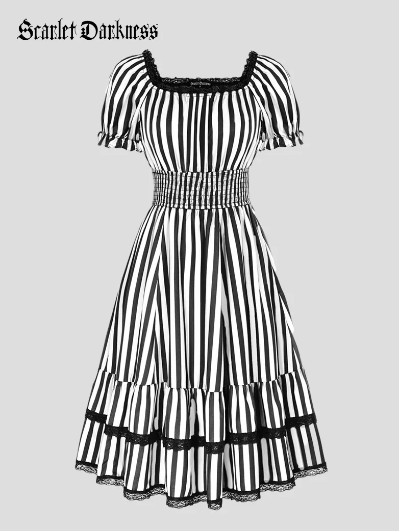 Women Steampunk Elastic Waist Tiered Dress with Pocket - Image 18