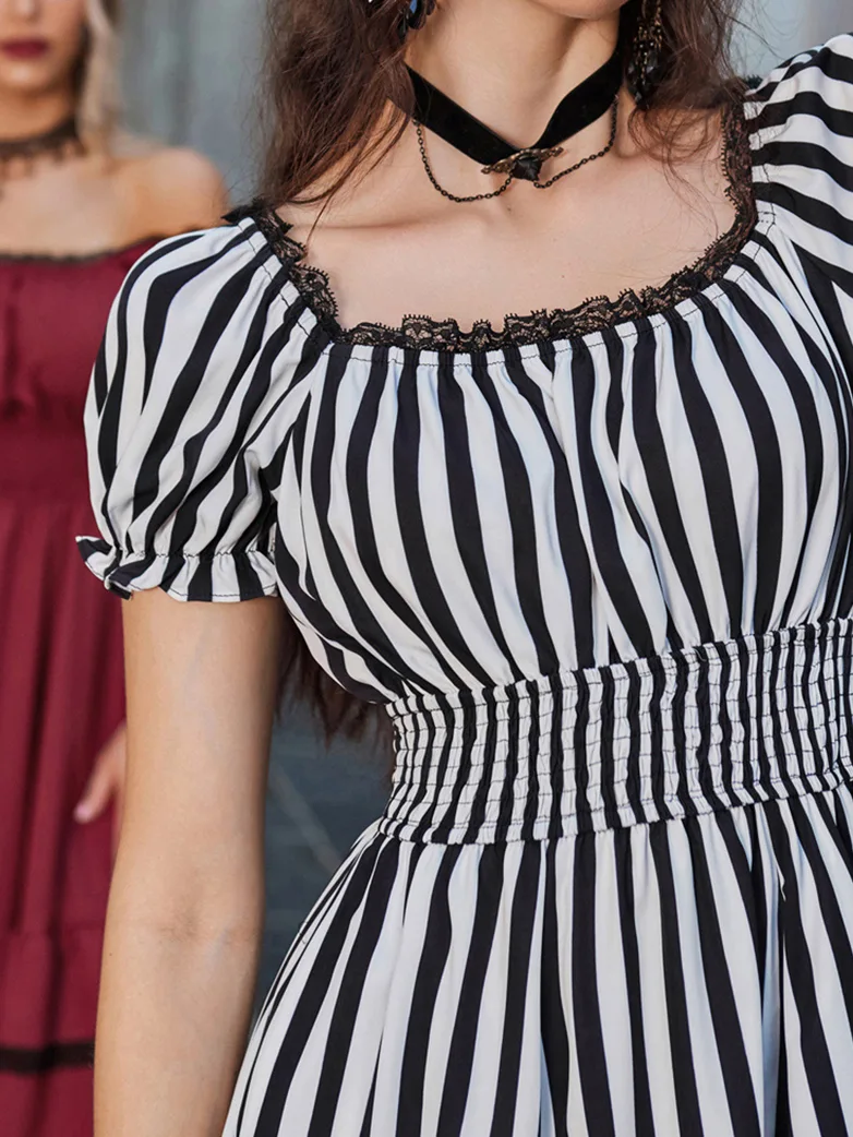 Women Steampunk Elastic Waist Tiered Dress with Pocket - Image 19