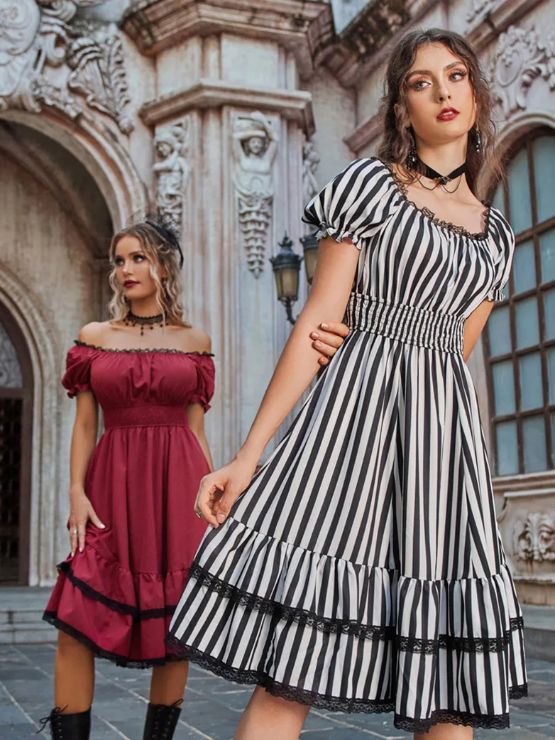 Women Steampunk Elastic Waist Tiered Dress with Pocket - Image 20