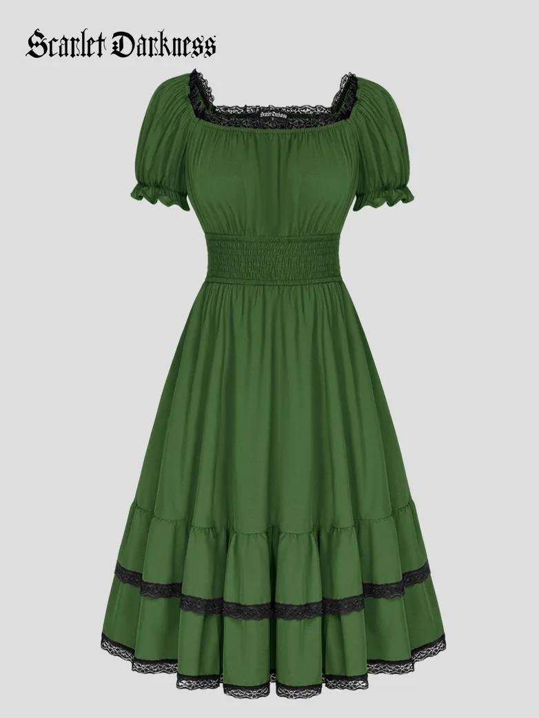 Women Steampunk Elastic Waist Tiered Dress with Pocket - Image 24