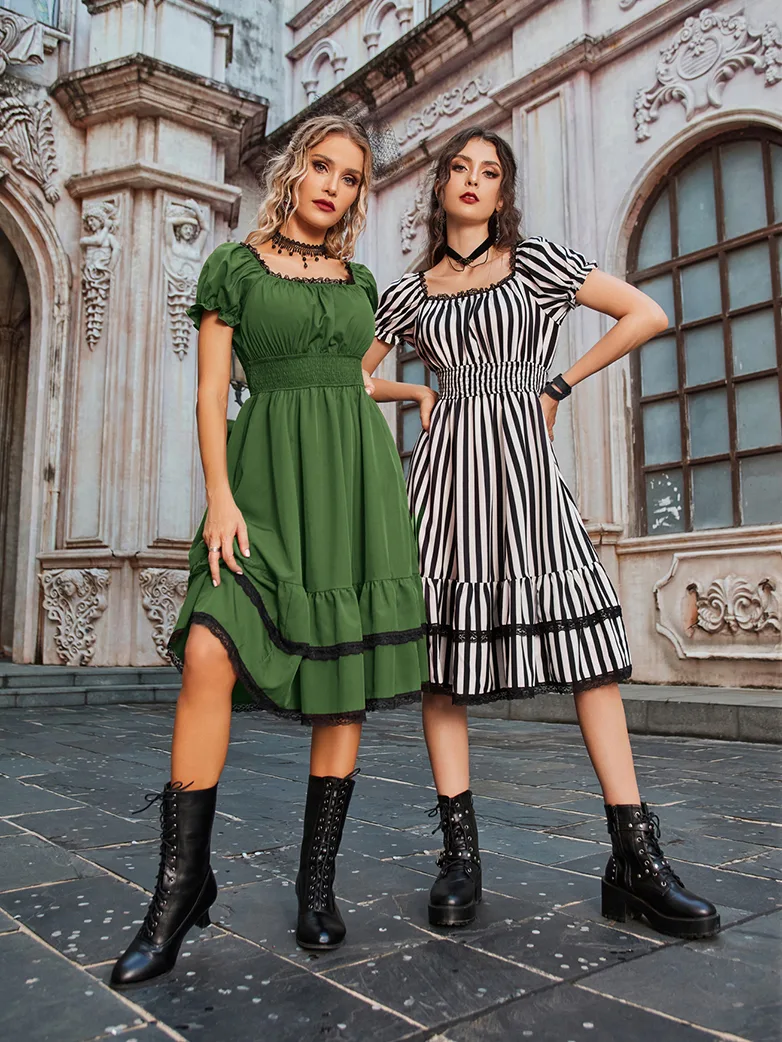 Women Steampunk Elastic Waist Tiered Dress with Pocket - Image 26