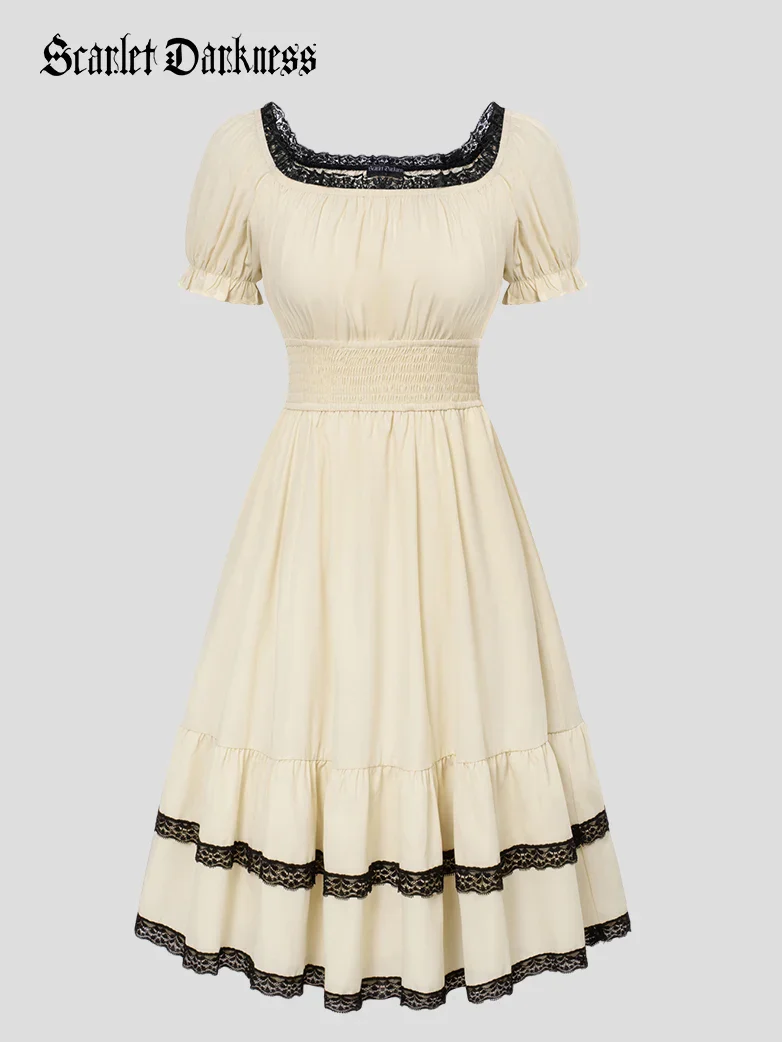 Women Steampunk Elastic Waist Tiered Dress with Pocket - Image 28