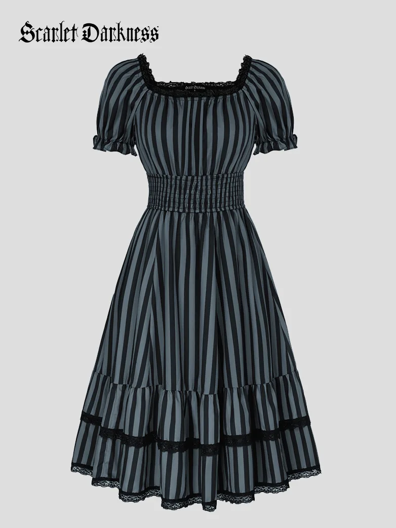 Women Steampunk Elastic Waist Tiered Dress with Pocket - Image 30