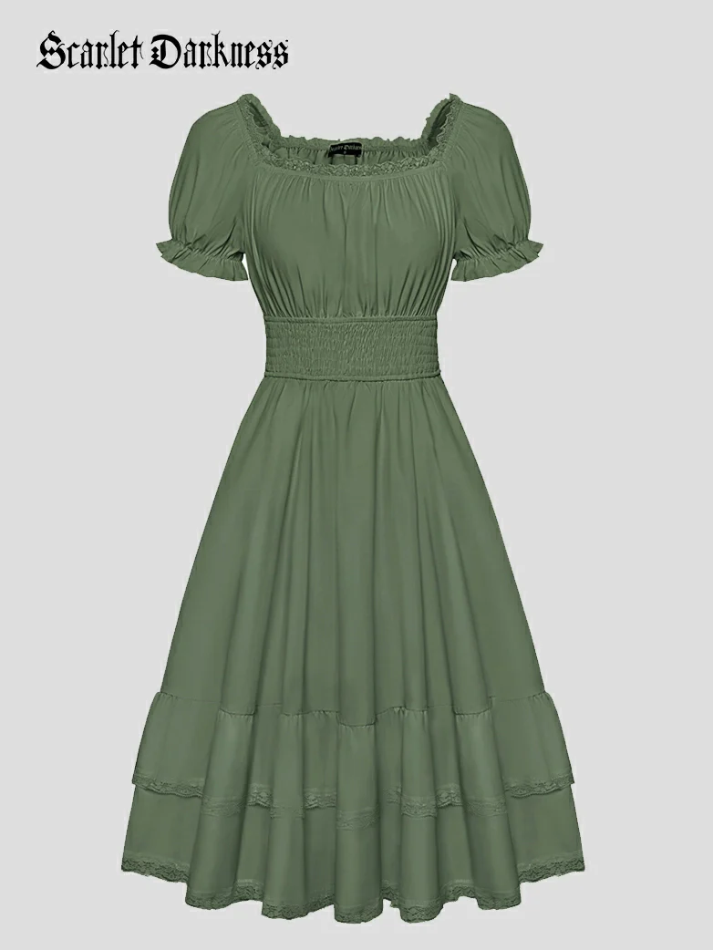 Women Steampunk Elastic Waist Tiered Dress with Pocket - Image 31