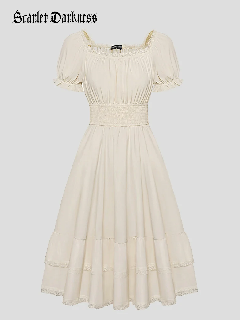 Women Steampunk Elastic Waist Tiered Dress with Pocket - Image 33