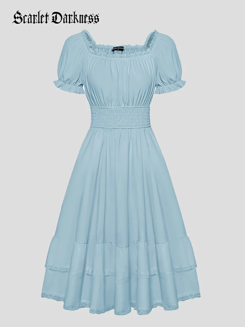 Women Steampunk Elastic Waist Tiered Dress with Pocket - Image 36