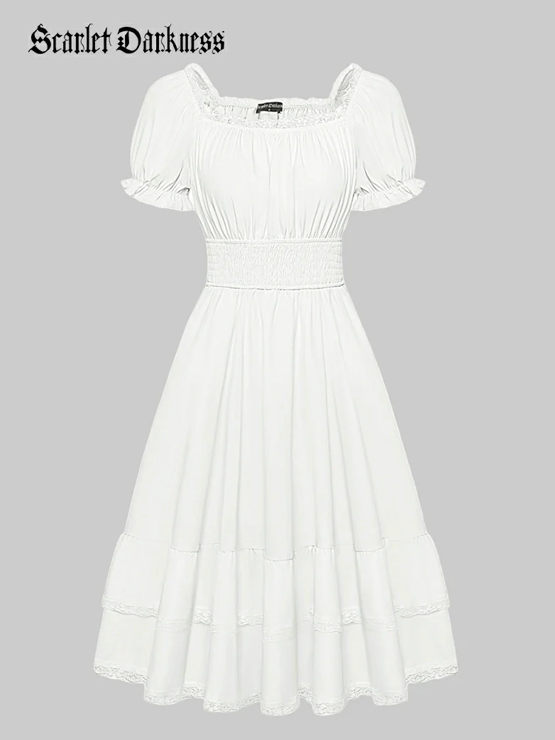 Women Steampunk Elastic Waist Tiered Dress with Pocket - Image 39