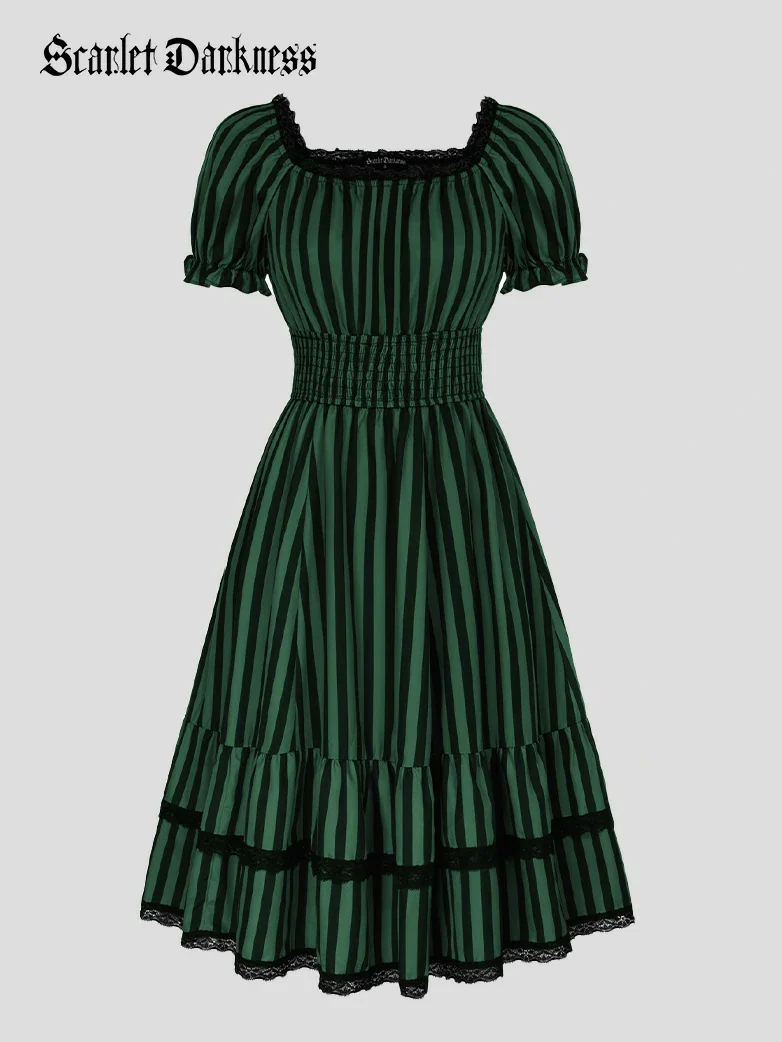 Women Steampunk Elastic Waist Tiered Dress with Pocket - Image 4