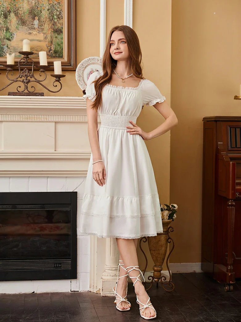 Women Steampunk Elastic Waist Tiered Dress with Pocket - Image 40