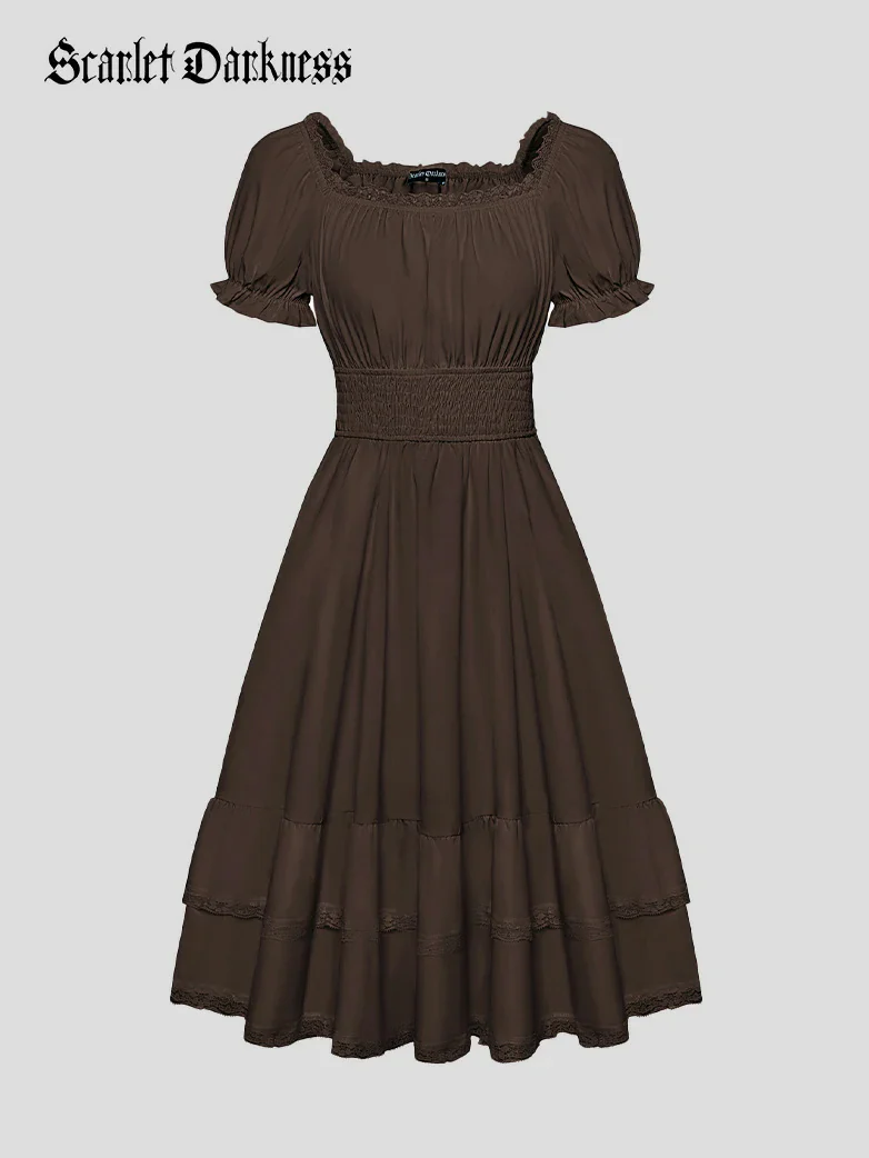 Women Steampunk Elastic Waist Tiered Dress with Pocket - Image 43