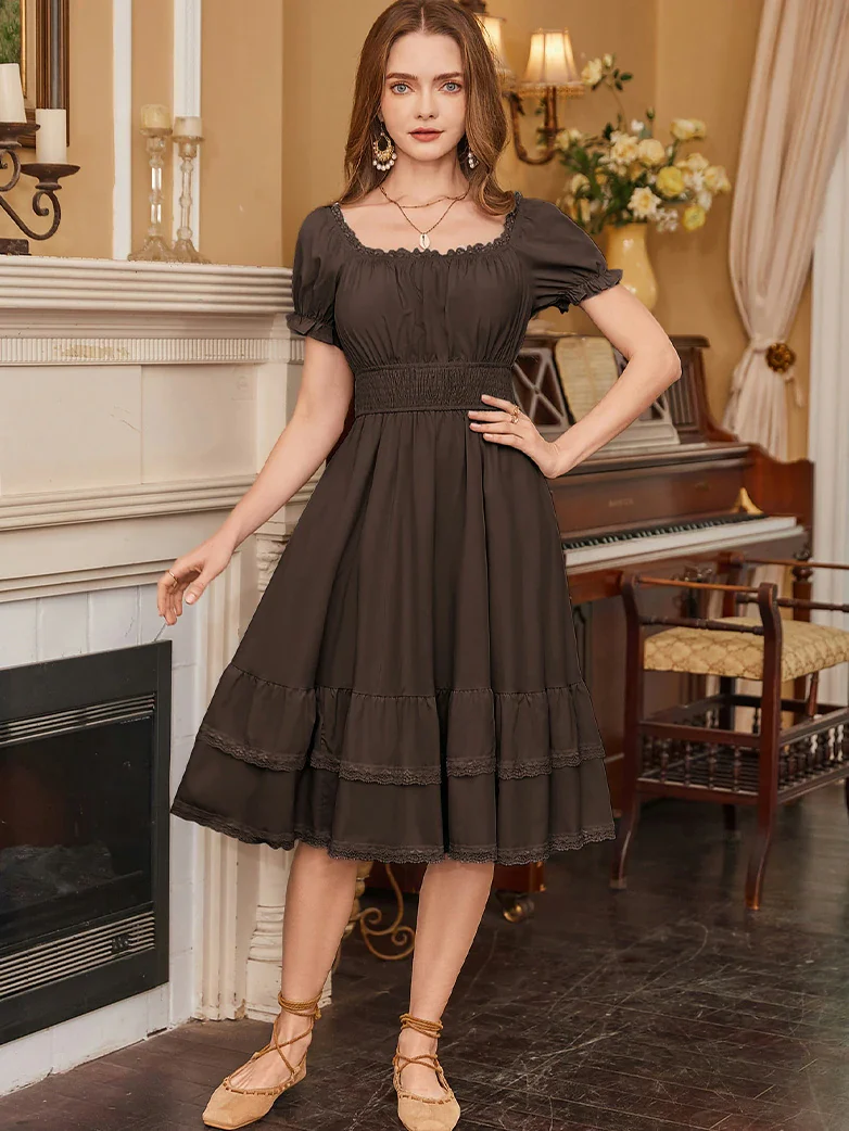 Women Steampunk Elastic Waist Tiered Dress with Pocket - Image 45