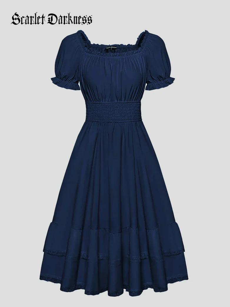 Women Steampunk Elastic Waist Tiered Dress with Pocket - Image 47