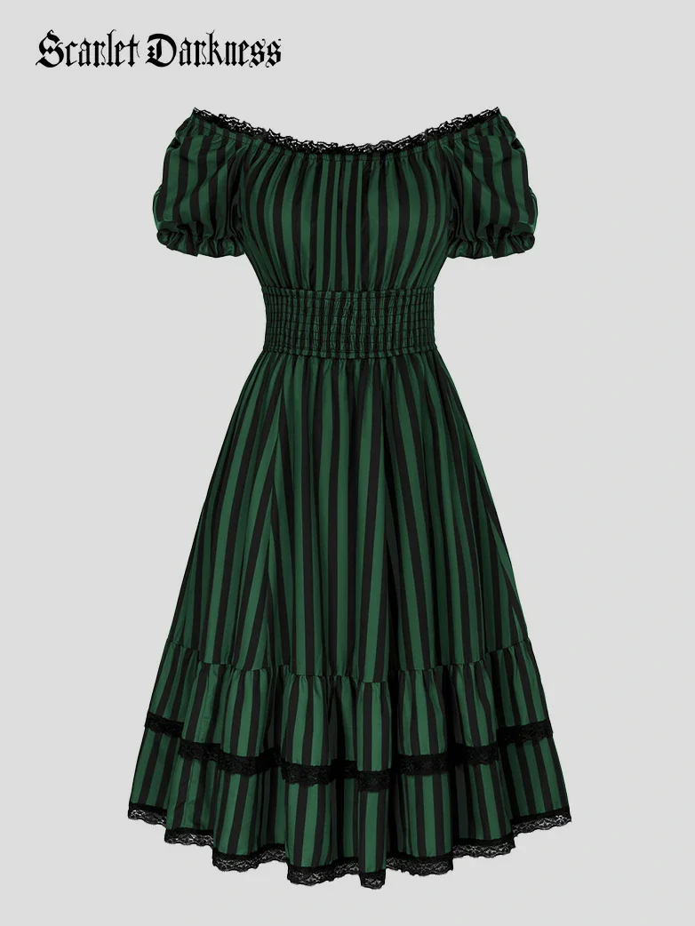 Women Steampunk Elastic Waist Tiered Dress with Pocket - Image 5