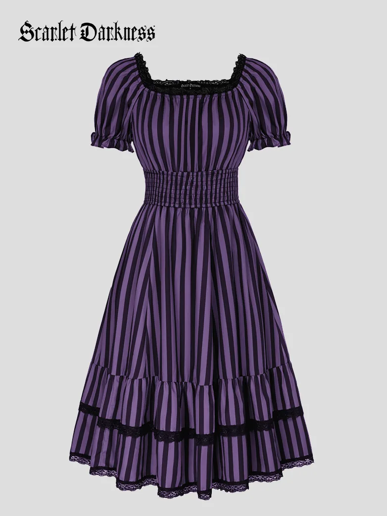 Women Steampunk Elastic Waist Tiered Dress with Pocket - Image 8