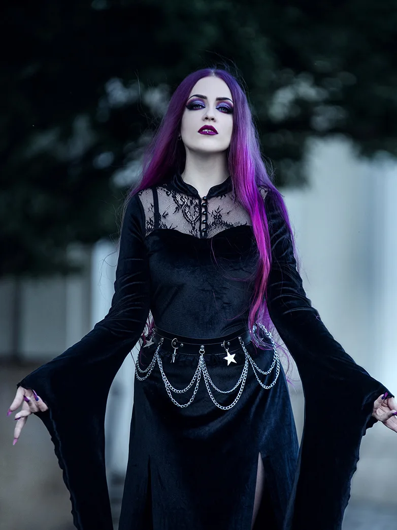 Victorian Gothic Stand Collar Lace Velvet Slit Dress - Image 3