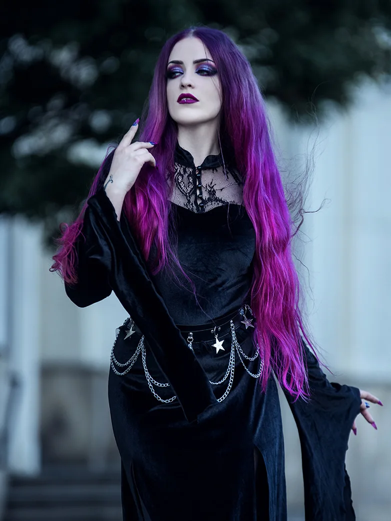 Victorian Gothic Stand Collar Lace Velvet Slit Dress - Image 4