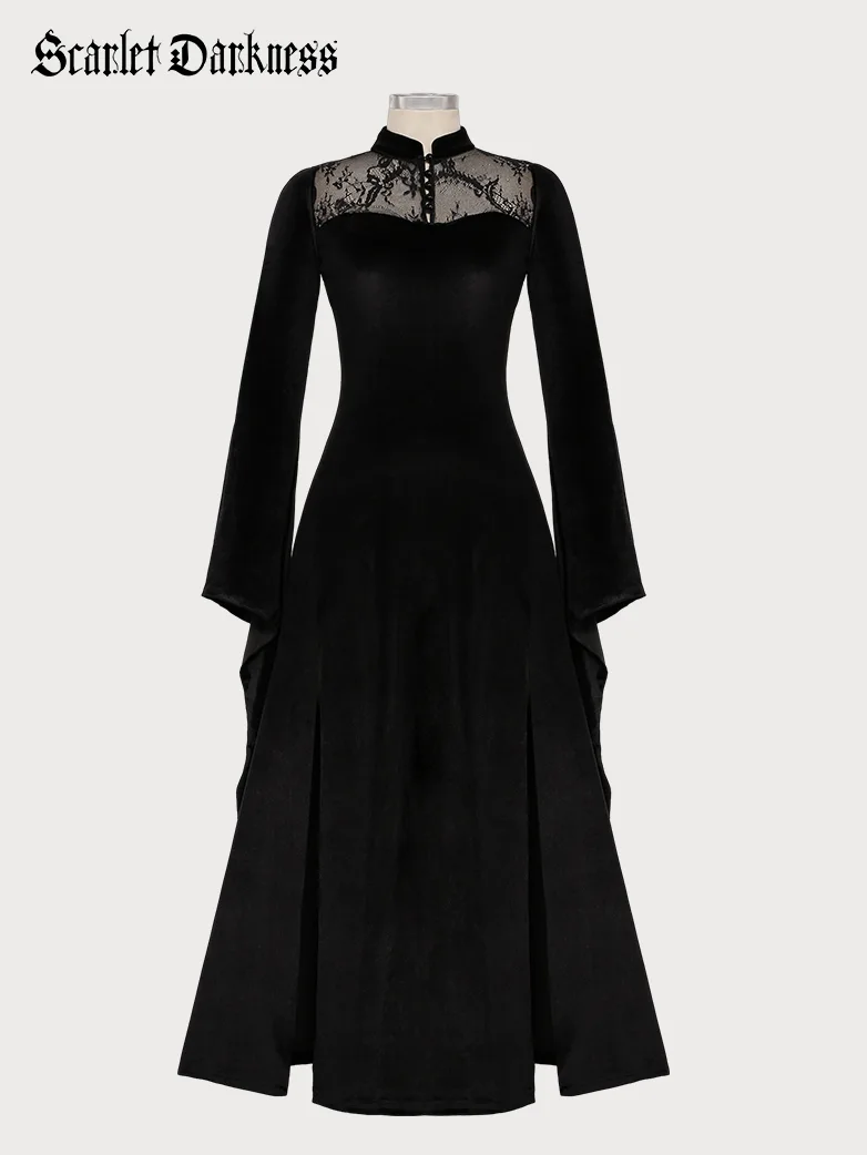 Victorian Gothic Stand Collar Lace Velvet Slit Dress - Image 5