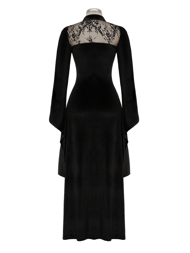 Victorian Gothic Stand Collar Lace Velvet Slit Dress - Image 6