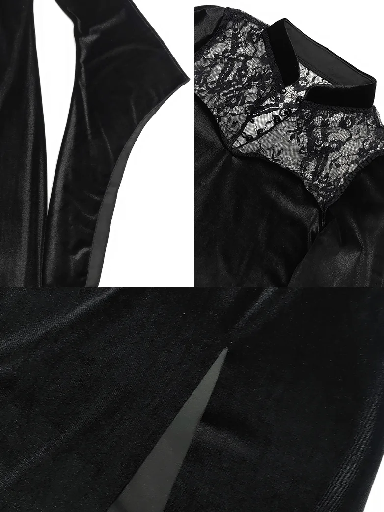 Victorian Gothic Stand Collar Lace Velvet Slit Dress - Image 7